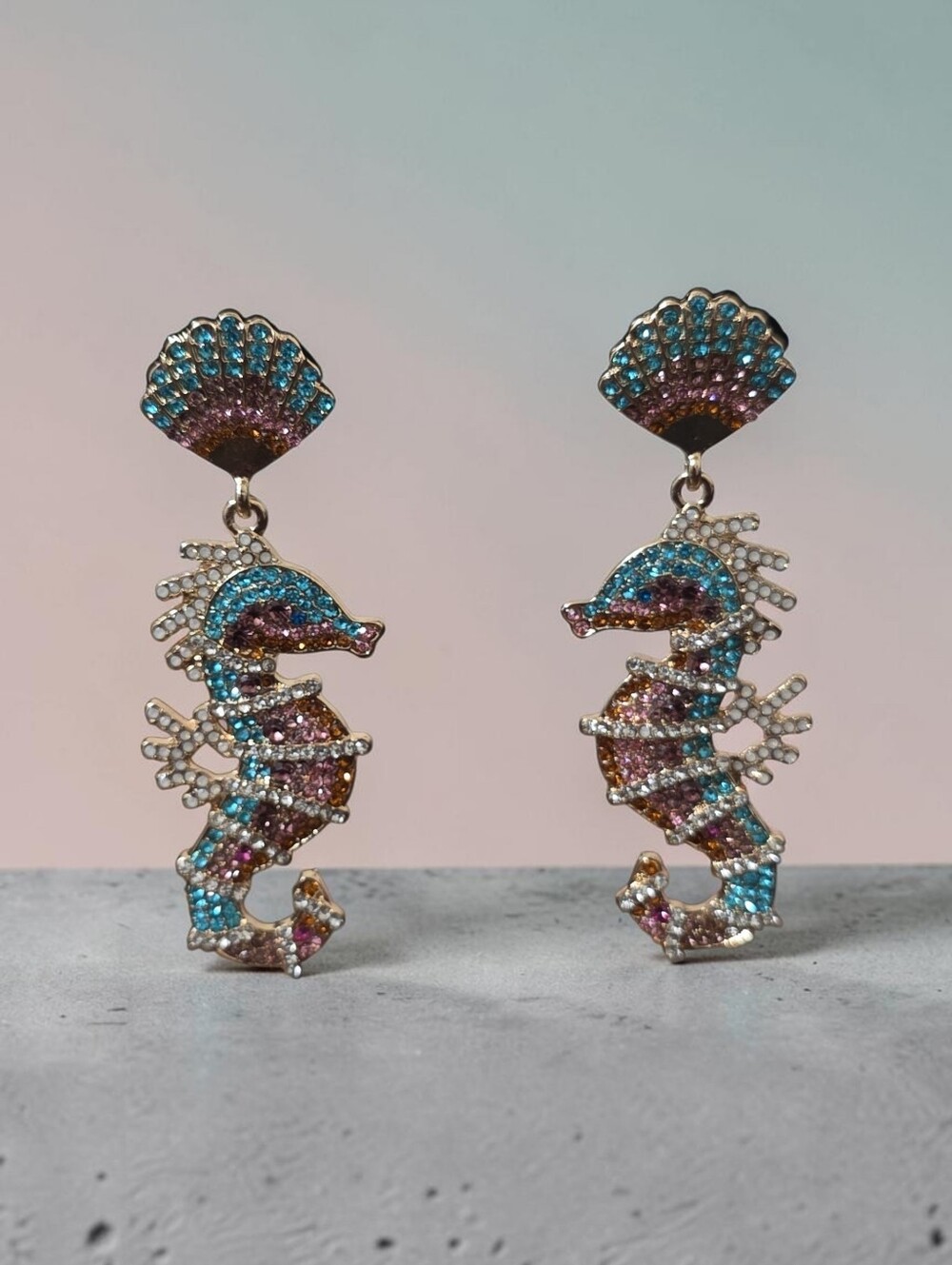 S.BOUTIQUE NWT Sequin Crystal Seahorse Drop Earrings in Blue and Pink
